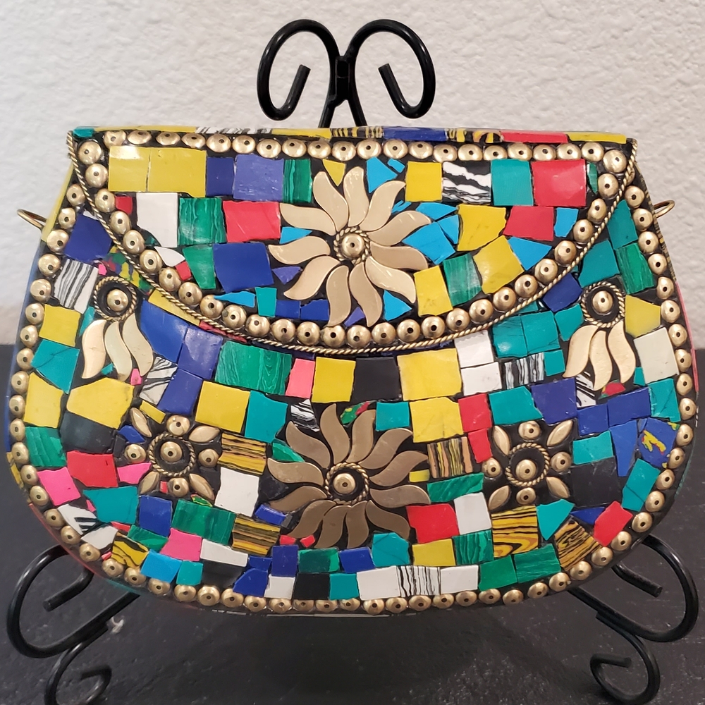 Red and Pink Mosaic Clutch with Artistic Design